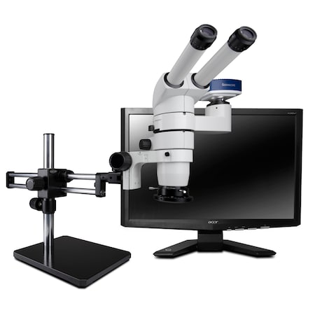 Scienscope 20 Degree Head Stereo Zoom Microscope, LED Light, Camera On Dual Arm Stand CMO-PK10-R3E